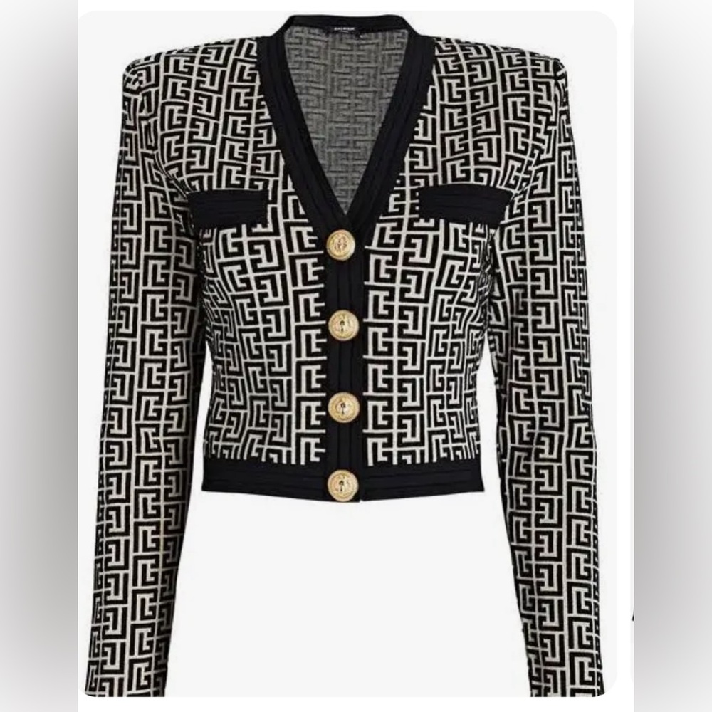 BALMAIN Beige & Black Monogram Jacquard Cropped Cardigan 44FR/US12
